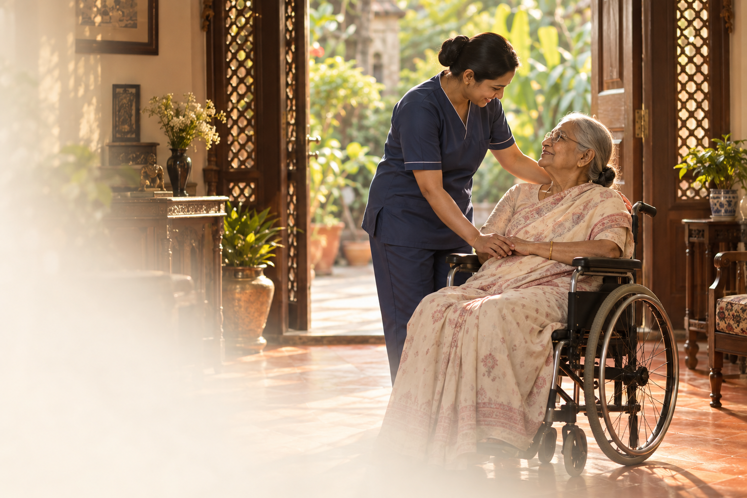 Caregiver assisting an older woman in a wheelchair at home