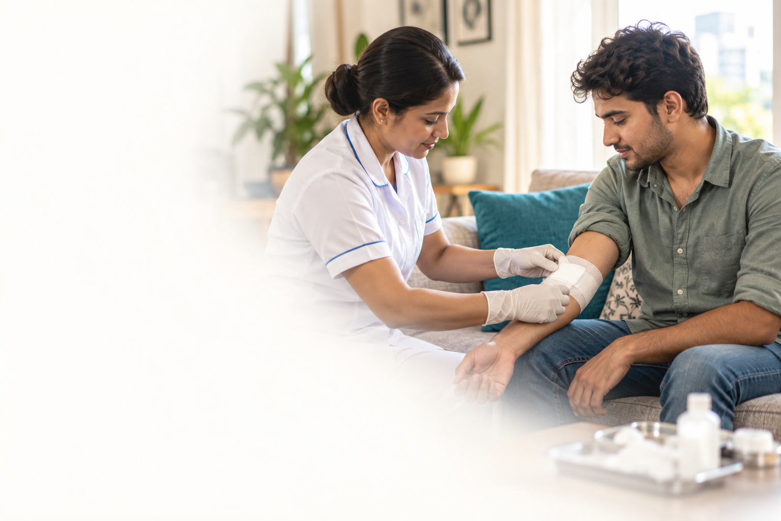 Nurse dressing a patient's arm during a home visit in Kolkata